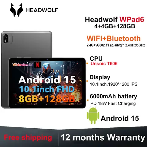 헤드울프 WPad6 안드로이드 15 태블릿 10인치 FHD 화면 유니소크 T606 4+4GB 램 128GB 롬 와이파이 게이밍 태블릿 PC 6000mAh 배터리