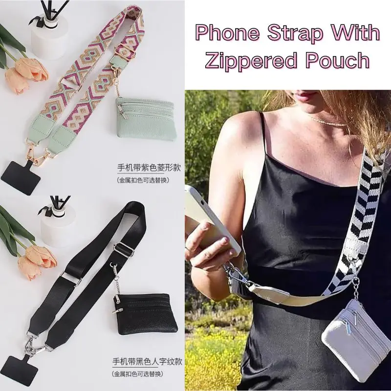 Adjustable Phone Strap With Zippered Pouch Colorful Clip And Go Strap For Phone With Wallet Crossbody Phone Strap For Women