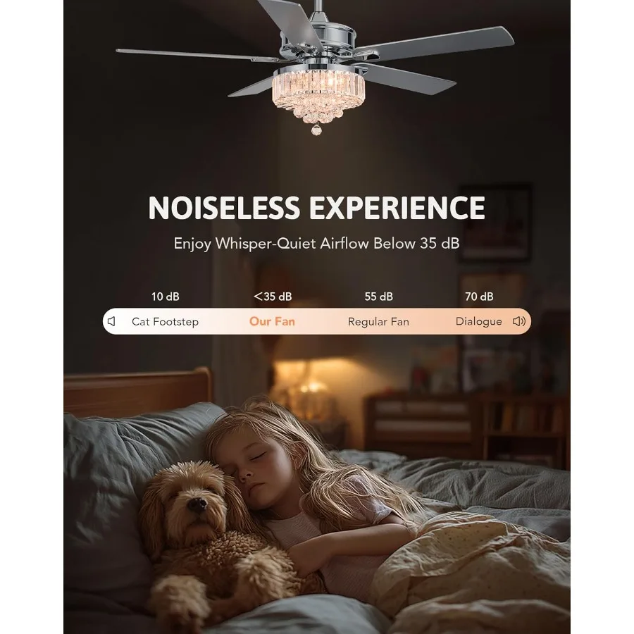 52-Inch Crystal Ceiling Fan with Integrated Light and Remote Control for Farmhouse Bedroom Indoor Use 5 Blades Design with 6-Sp