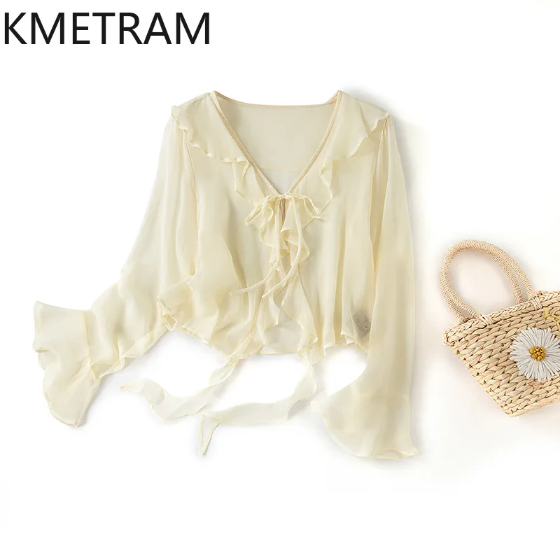 

KMETRAM 100% Mulberry Silk Cardigan Women Elegant Yellow Ruffle Trim Blouse Long Sleeve Summer Tops 2026 Woman Clothes рубашка