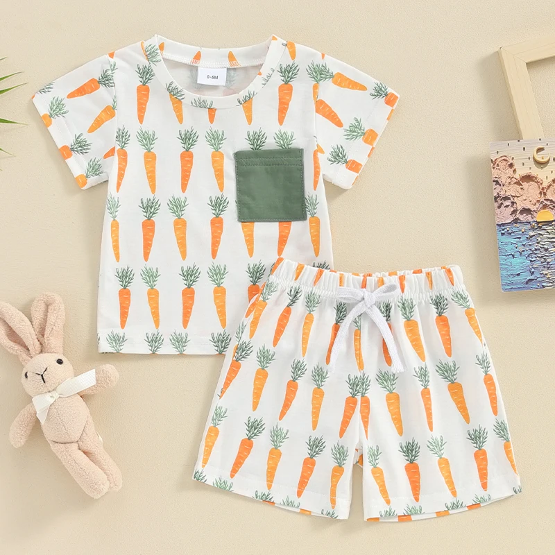 

Toddler Boy Summer Set Round Neck Short Sleeve Chest Pocket Tops Elastic Waist Carrot Print Shorts Infant Baby Boy Outfits