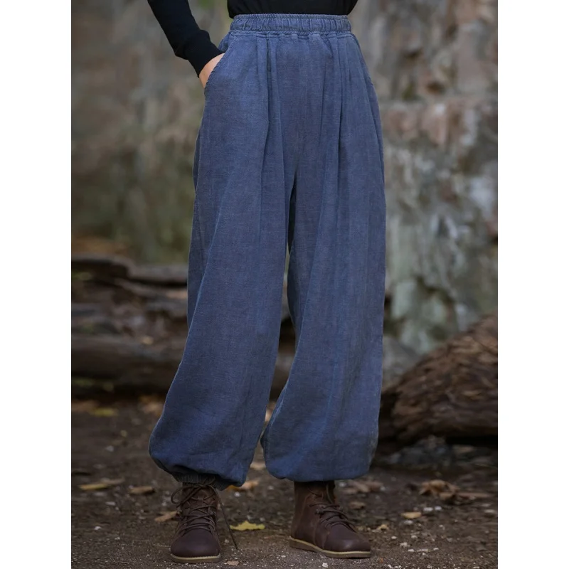 Women Chinese Style Bloomers Pants Elastic Waist Autumn Linen Trouser 2023 New Solid Color Patchwork Pockets Pants