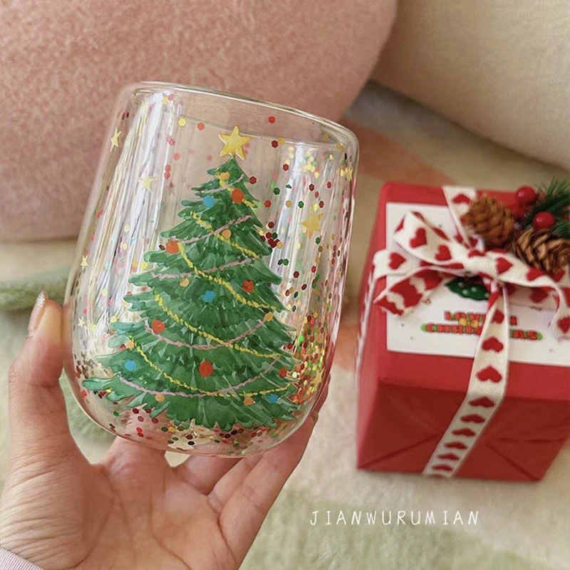 380ml flowing sequins Christmas tree Drinking Glass home Cartoon Double layer Anti-scald cute Classic festival Drinkware coffee