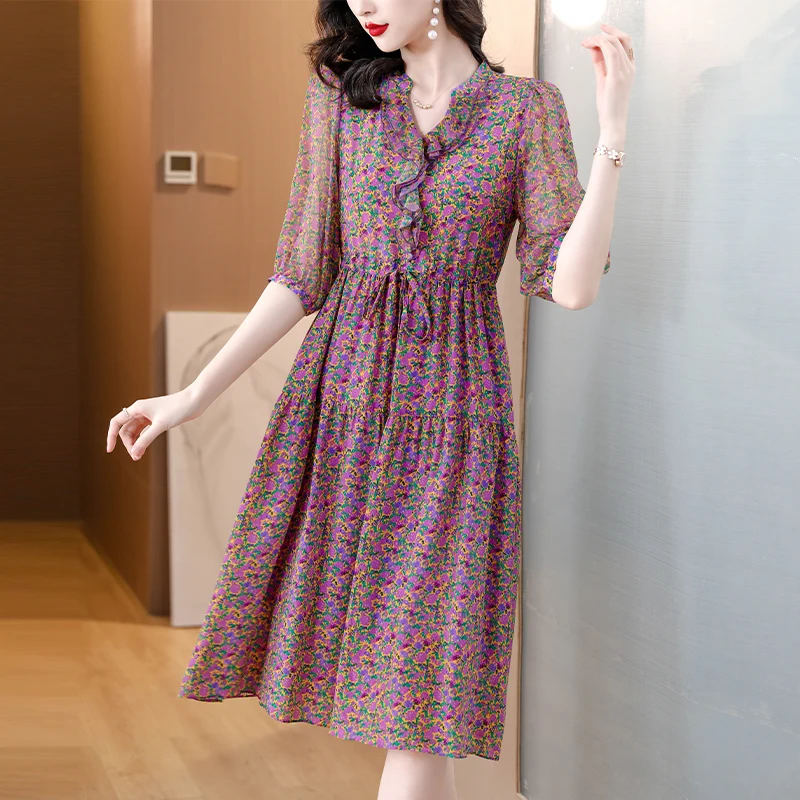 Summer Formal Occasion Silk Luxury Midi Dress Women Vintage Hepburn Beach Boho Dress 2025 Spring Elegant Casual Party Vestidos