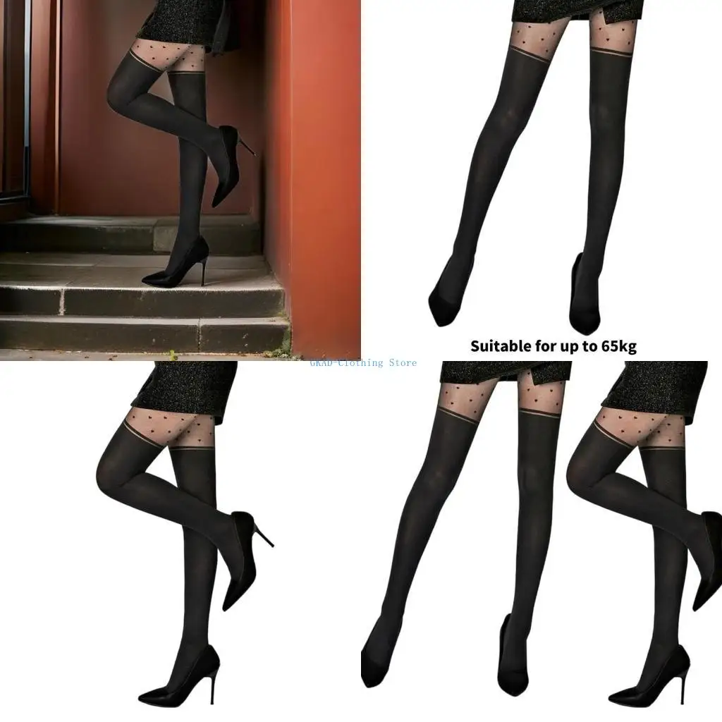 

N0PE Womens Mock Thigh High Stockings Opaque Black Tights Heart Patterned Faux Sheer Pantyhose Faux Garters Leggings Hosiery
