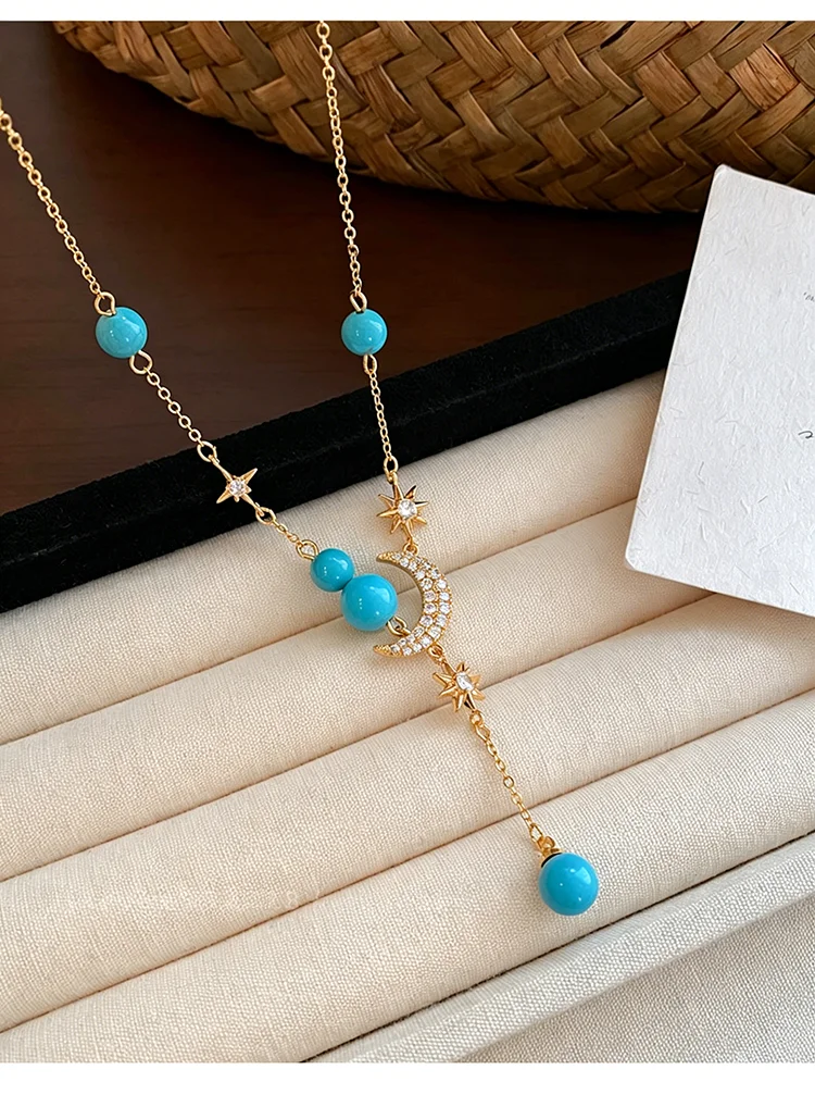 Goldfarbene Y-förmige Stern-Mond-Anhänger-Halskette für Damen mit Perlen, Zirkonia, Halbmond-Choker, elegante, zarte, verstellbare Kette, Schmuckgeschenk – Detail 7