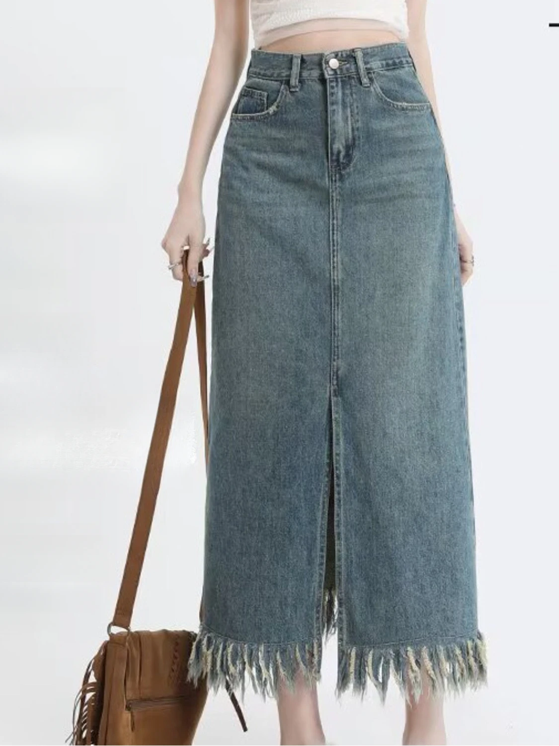 Women's High Waist Vintage Washed Denim Skort with Built-in Shorts Side Slit Mini Skirt - view 6