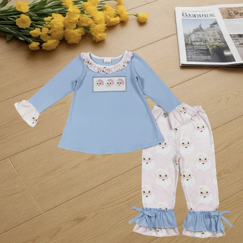 

9.25 Kids Winter Clothes For Girls Embroidery Baby Girls Christmas Blue Santas Tunic Ruffle Pants Clothes Sets