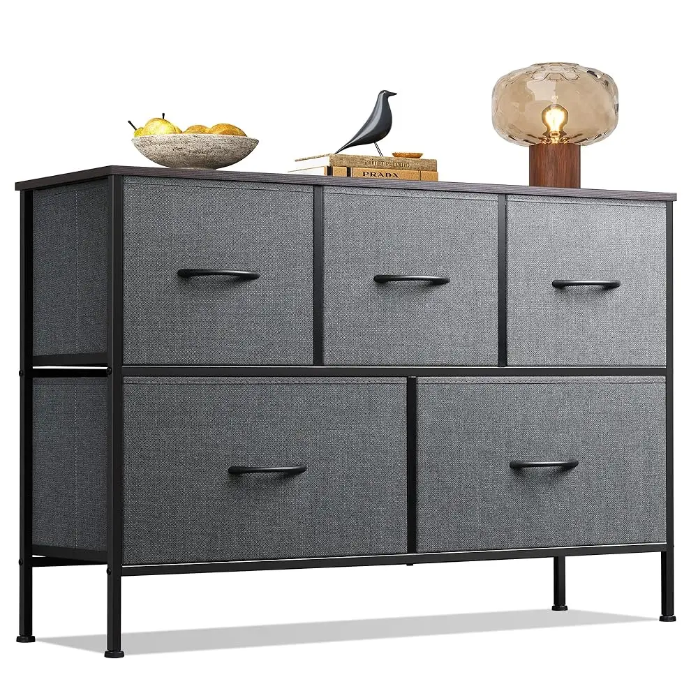 

Dresser For Bedroom With 5 Drawers, Long Storage Tower Organizer Unit, Fabric Dresser, Storage Drawer Unit With Fabric Bins For