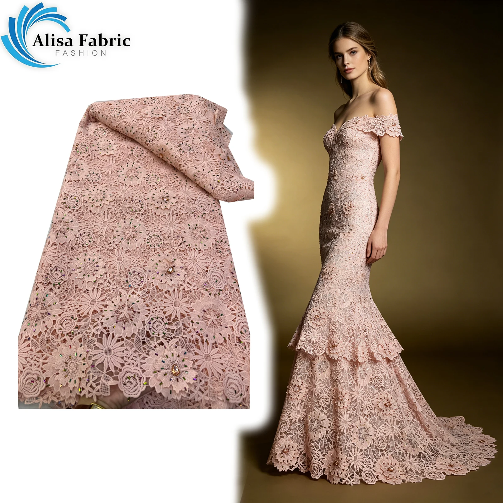 

High quality Stones Lace 5 yards fabric for elegant church wedding party evening dress For sewing of party dresses