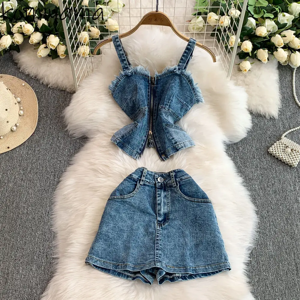 

Summer Denim Woman 2025 New Pure Desire Style Sets Zip Strap Camis Top High Waist Hip Shorts Skirts Sexy Spicy Girl Suit