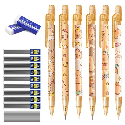 6 Pack Cute Animal Mechanical Pencil Set 0.9mm 0.5 mm with 9 Tube HB Lead Refill 2PCS 2B Eraser for Artist Writing Sketching Dra