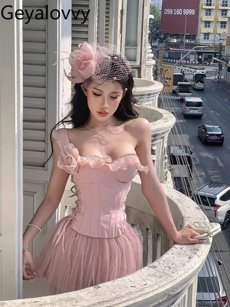 

French Style Flower Fishbone Single Shoulder Sleeveless Tank Top Sweet Women High Waist Mesh Puffy A-Line Short Skirt Set