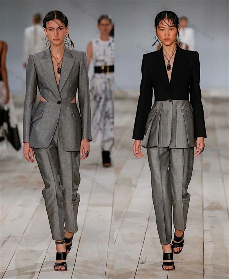 

Black Grey Women Suit Set 2 Piece Blazer+Pants Trousers Formal Office Lady Jacket Wedding Tuxedo Customized Prom Cotton Coat