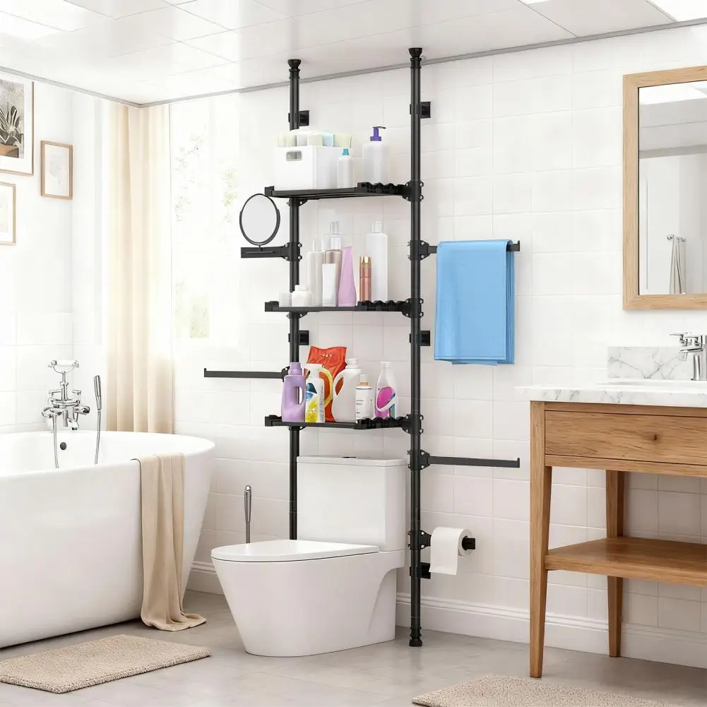 

Adjustable 4-Tier Above Toilet Shelving Free Standing No Punch Design Heavy Duty Bathroom Storage Organizer 75.2"-131.89cm Tall