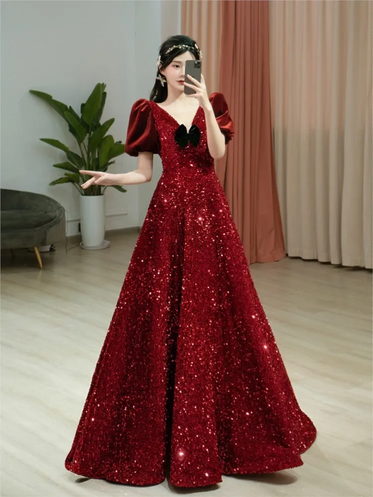 

New sequined banquet puffed-sleeve host plus-size dress for toasting