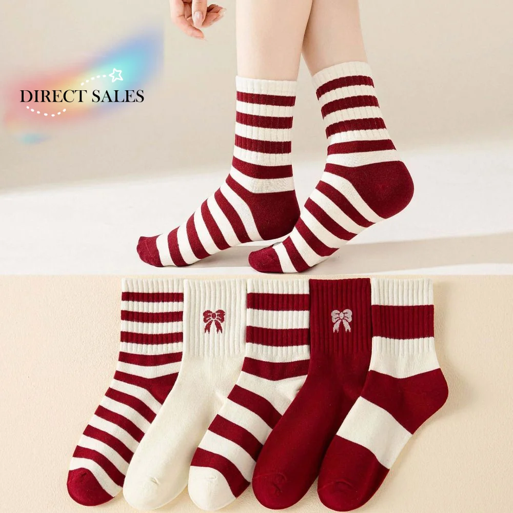 

10Pairs Ins Patchwork Embroidery Bow Socks Breathable Sweet Preppy Style Socks Cotton Non-slip Stripe Tube Socks Lady Girl