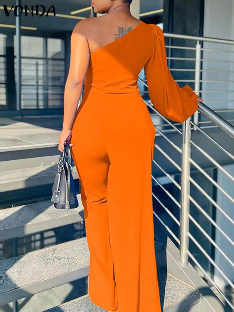 Plus Size 5XL VONDA Women Summer Elegant Sexy Jumpsuit 2024 Long Sleeve Off Shoulder Rompers Irregular Hem Solid Casual Playsuit