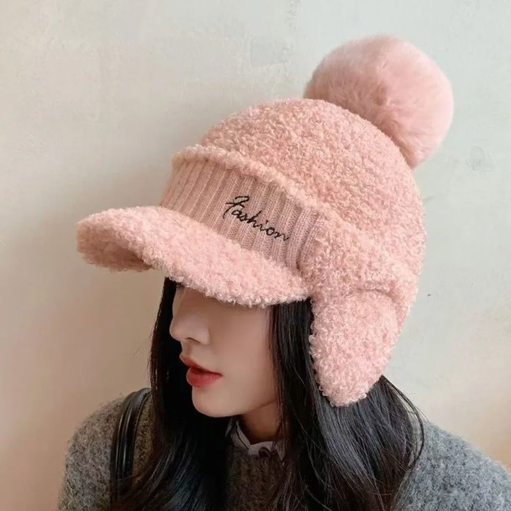 

Fashion Solid Color Warm Earmuffs Cap Windproof Thermal Knitted Baseball Cap Versatile Thick Pompom Plush Beanie Skiing