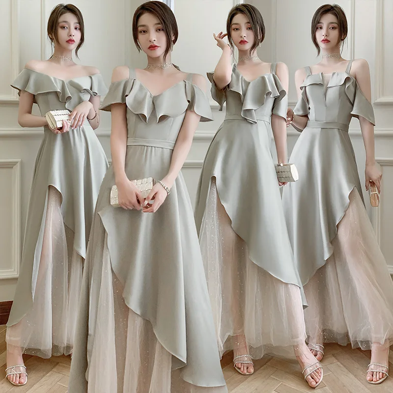 Satin Tulle Patchwork Bridesmaid Dress Women Sequin Bandage Off Shoulder Homecoming Dresses Exquisite Elegant Formal Gown