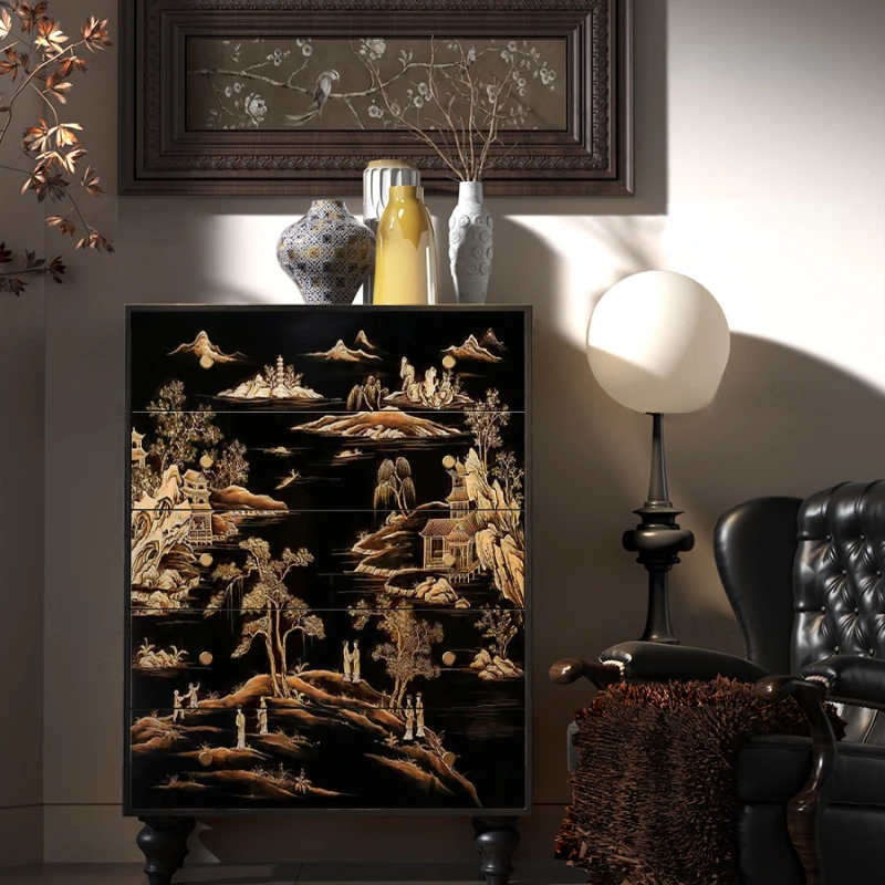 

Black Gold Landscape Painting Chest of Drawers Solid Wood Porch Aisle Curio Cabinet Living Room Bedroom Storage Cabinet