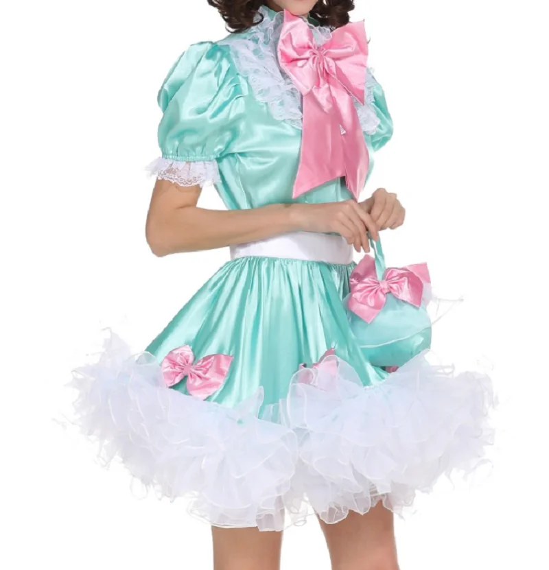 Hot Sissy Princess Girl Sexy Maid BOW DRESS SATIN Fluffy Cross Dressing Cross Gender Role Play Costume Custom Lockable