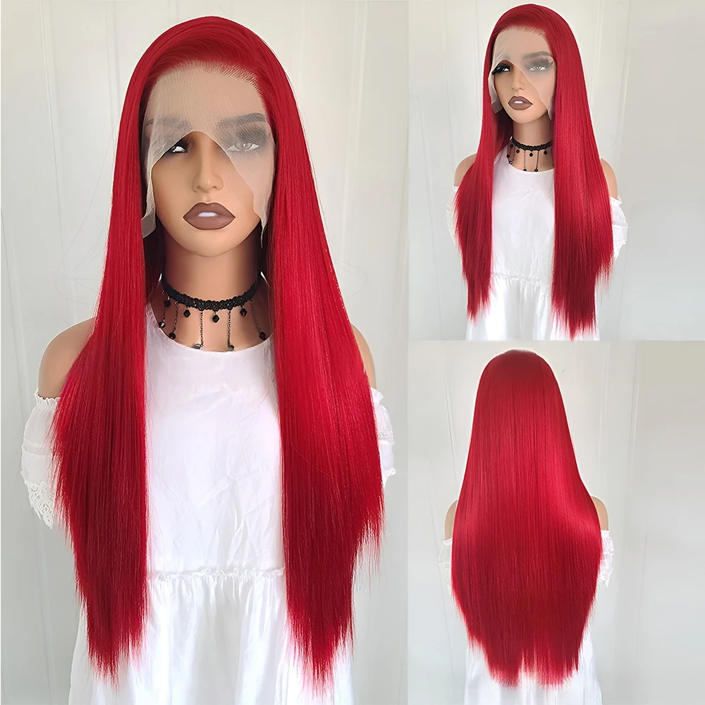 Synthetic Long Red Straight Wig Synthetic Lace  Front Wigs For Women Long Silk Straight Lace Wigs Color Hair Cosplay White Black