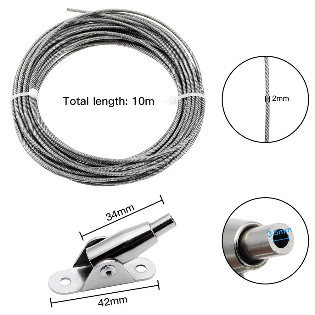 10M Stainless Steel Wire Rope Coated 2 mm Steel Rope Adjustable Curtain Rope Hanging Rope with Mounting