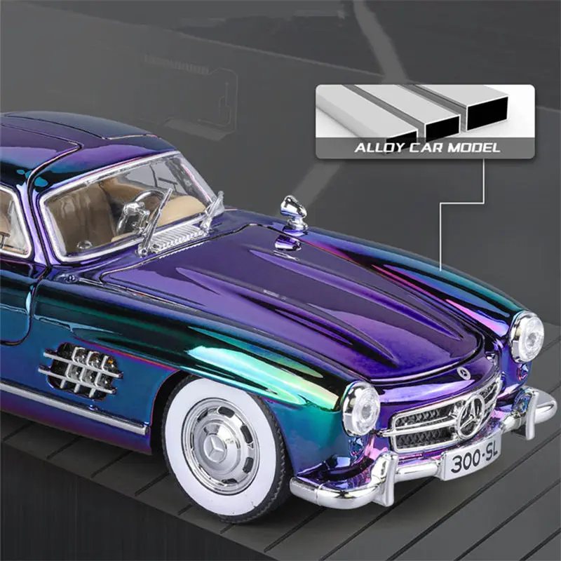 1:24 Benzs 300SL Alloy Electroplating Car Model Diecasts Metal Classic Old Vehicles Car Model Sound and Light Childrens Toy Gift