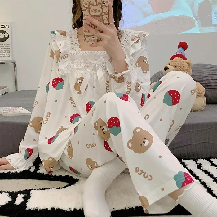Primavera e autunno nuove donne pigiama pizzo pantaloni a maniche lunghe stampa orso principessa Cartoon Loungewear Set pigiama