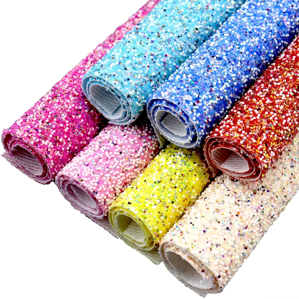 30x134cm White Bead Chunky Glitter Fabric With Twill Cloth Backing Leather Roll New Arrival For Bow DIY AY344