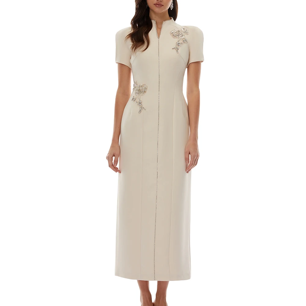 VGH Aprikosenfarbenes Maxikleid mit Stehkragen für Damen, Kurzarm, Perlenstickerei, Taillierte Passform, Rückenschlitz-Design für Formelle Anlässe