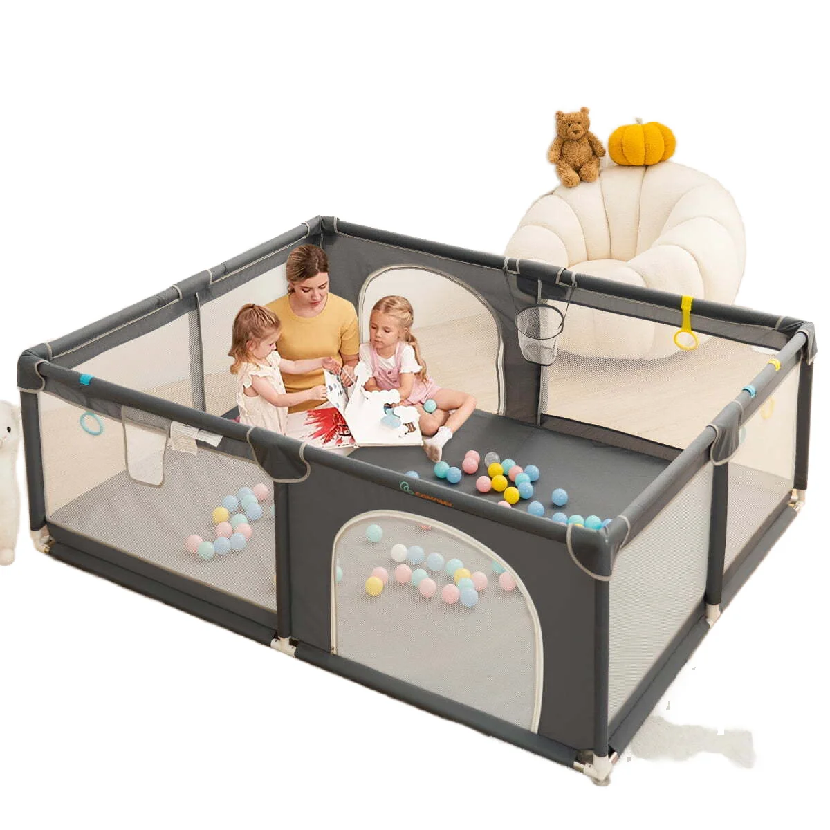 Baby Playpen BPA-Free Oxford Mesh Tool Free Assembly with Pull Up Rings Sturdy Suction Base Foam Padded Anti-Collision Breathable Toddler Activity Play Yard Grey