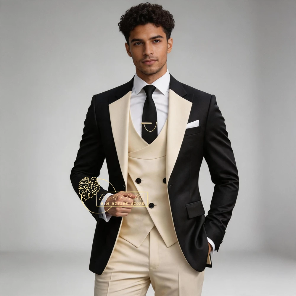 Formal Men's Wedding Suit 3-piece Set Black Khaki Spliced Jacket Vest Pants Tailored Slim Fit for Grooms Date Banquet Tuxedo