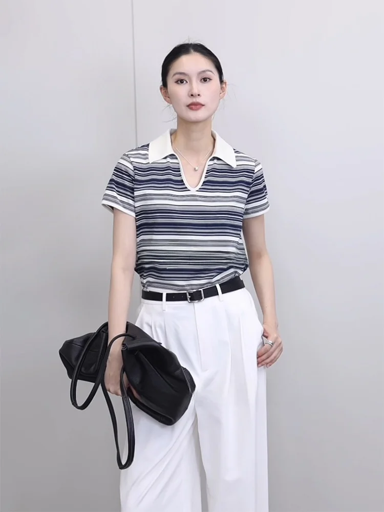 

Летняя повседневная универсальная женская футболка Jieji Zhang с полосками, отложным воротником и коротким рукавом, с V-образным вырезом, для повседневной носки