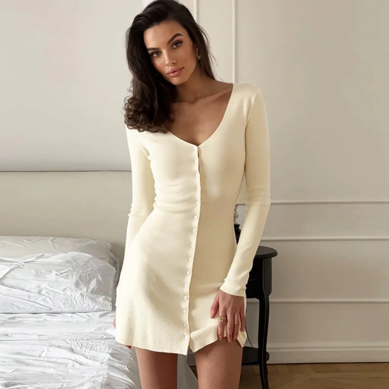 

Ticketsx Autumn V-neck Long Sleeve Single Button Dress Solid High Waist Slim A-Line Dress Elegant Street Commute Female Dress