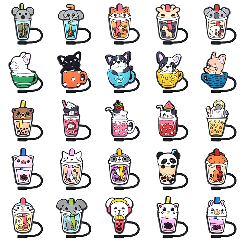 Milk Tea Cup Cute Cartoon Straw Cover Cap 10MM Eco-friendly Straw Plug Splash Proof Drinking Cup Charms Pendent Home Party Gift