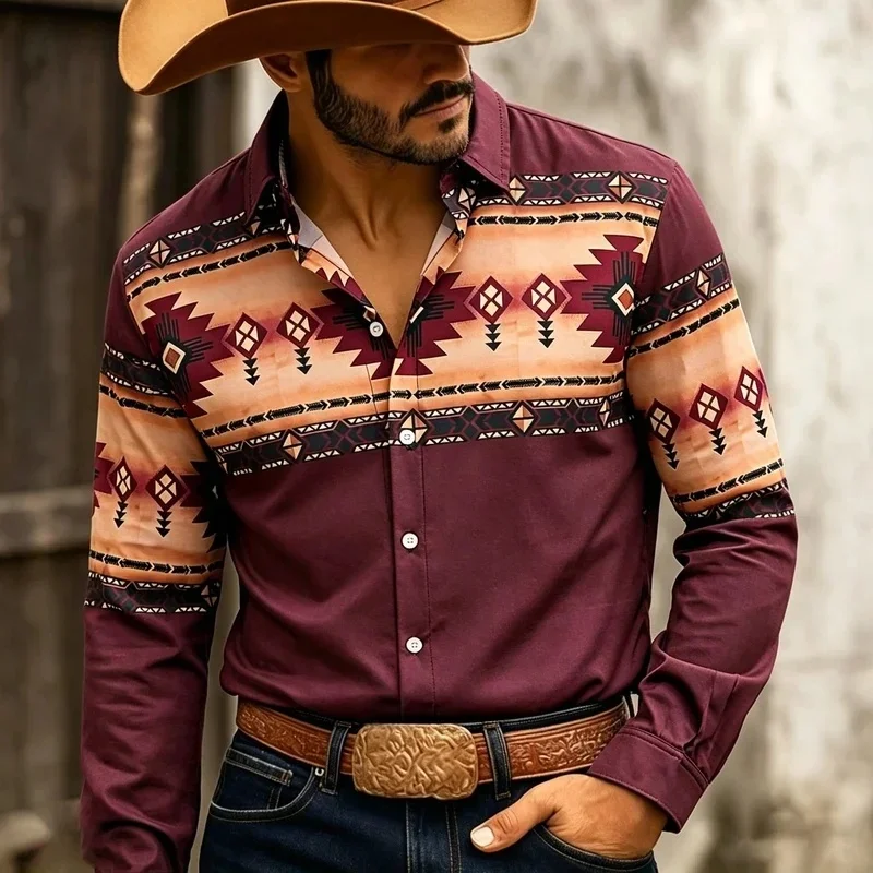 Retro Western Style Men's Long Sleeve Navajo Diamond-Shaped Tribal Print Outdoor Travel Loose Top