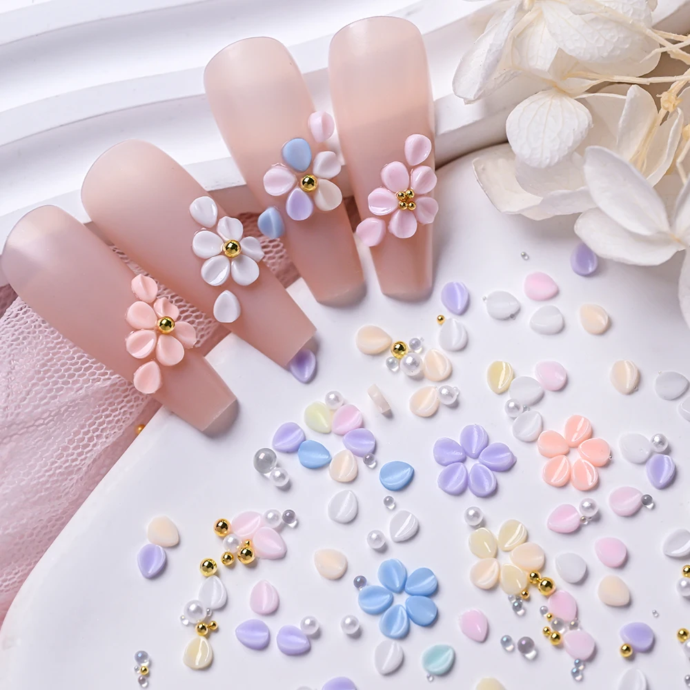150 Uds. De pétalos de flores acrílicas 3D, dijes para uñas, flores coloridas con perlas, cuentas de Caviar, diamantes de imitación para uñas, sin necesidad de pintura tallada # %