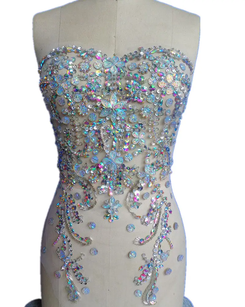 

DIY Sweetheart Evening Dress Full Top Fashion Fabric Hand-Sewn Multicolor Sequin Rhinestone Applique Patches Accessories