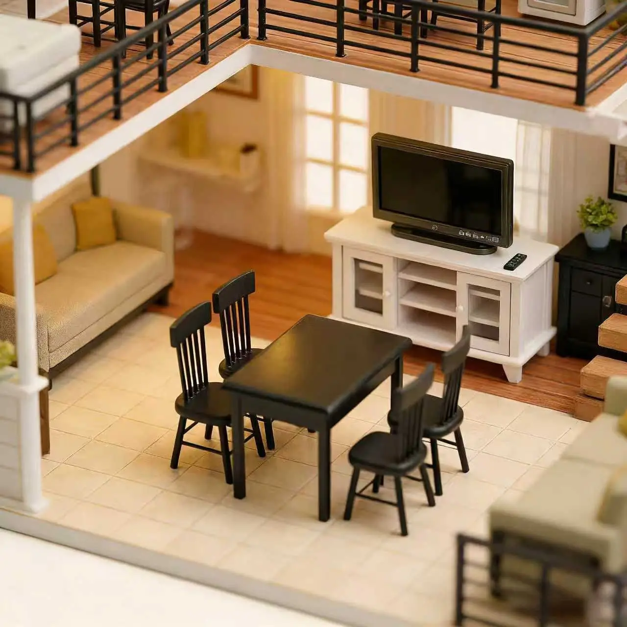 

1:12 Scale Dollhouse Dining Room Set - Mini Table, White Double-Door Cabinet & TV, Micro Scene Model Furniture for DIY Decor