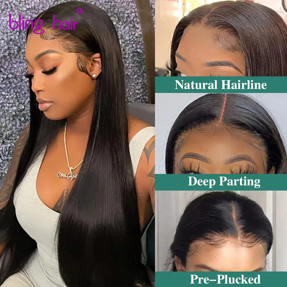 Perruque Lace Front Wig naturelle lisse 13x6-Bling Hair, perruque Lace Front Wig, pre-plucked Wiltshire, avec baby hair, nœuds colorés