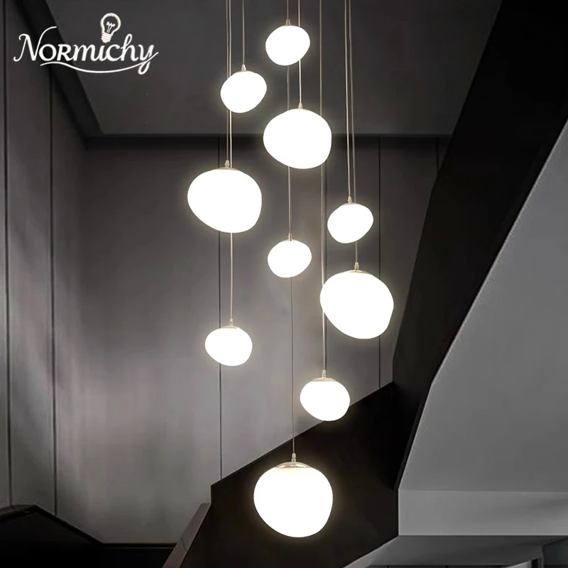 Stair Light for Duplex Building Loft Simple Cream Style High Ceiling Villa Pebble Chandelier Living Room Duplex Pendant Light