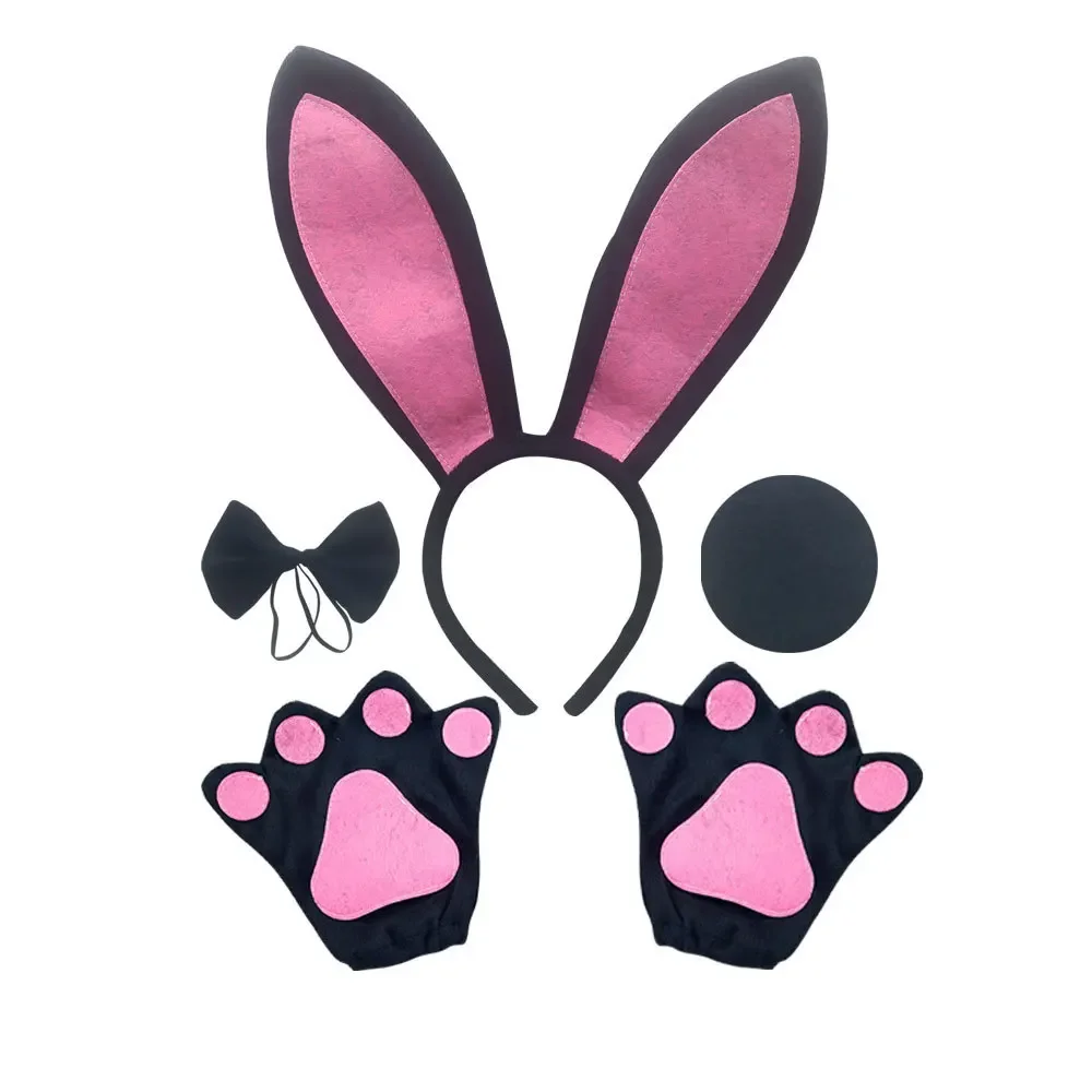 Pink White Bunny Ears Headbands Rabbit Cosplay Costume Accessories Bendable Ear Tail Bow Paw for Kids Adult