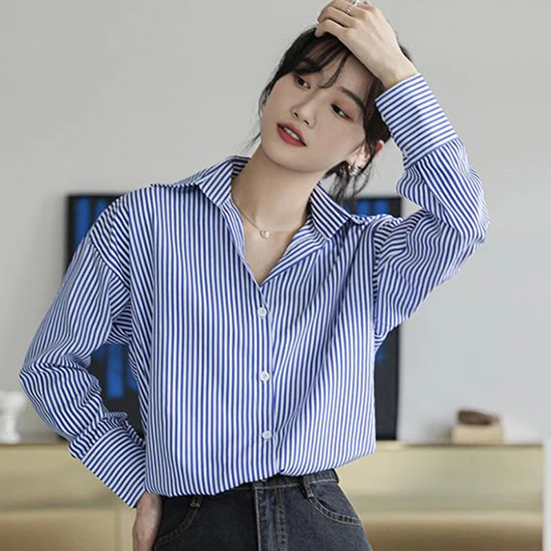 Blue Striped Women Shirts Korean Retro Cotton Loose Long Sleeve Female Casual Blouse Autumn New Office All Match Ladies Top