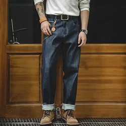 Maden Vintage Raw Denim Jeans for Men Cargo Selvedge Denim Jeans Slim Fit Straight Trousers 13.5OZ Mid Waist Dark Blue Pants