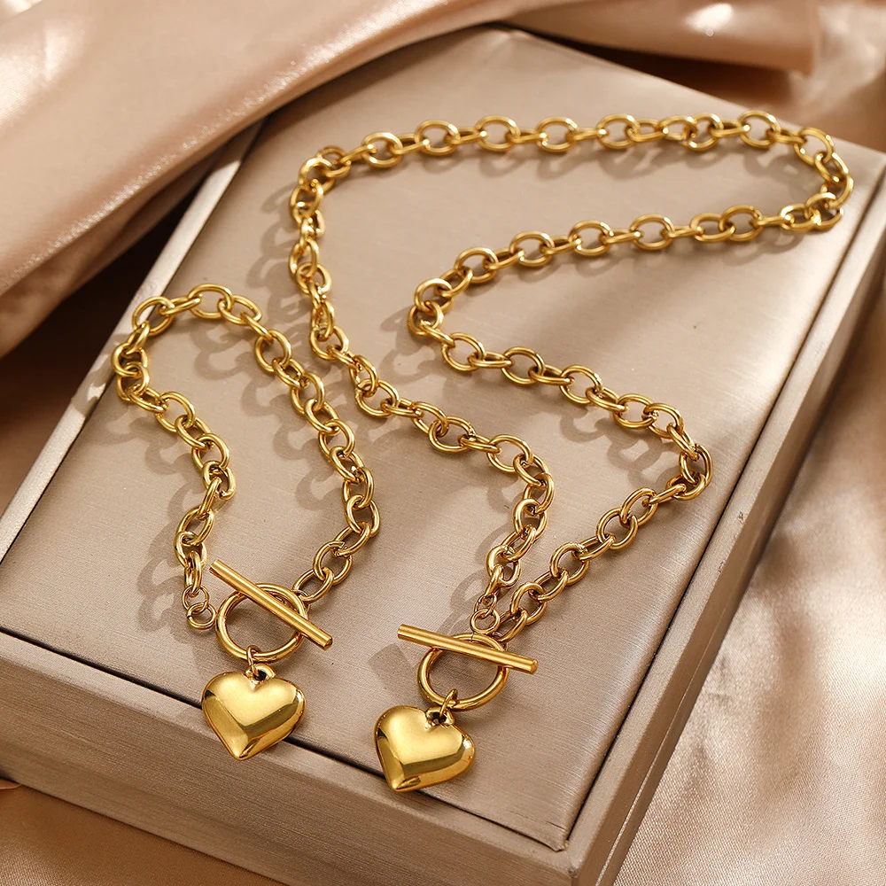 

Boho style rectangular chain love bracelet and necklace set, waterproof and non-fading, women's jewelry, wedding party gifts