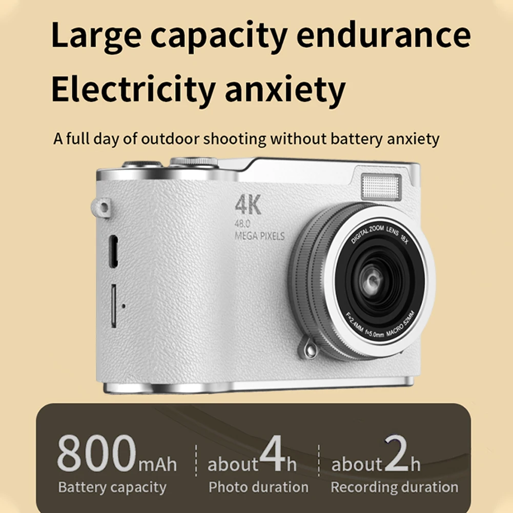 

4K Digital Camera 48MP Compact Small Camera 8X Zoom Video Camcorder 180 Flip Screen Vintage Camera for Teens Adult Beginner