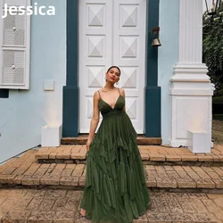 Jessica Dark Green Prom Dresses V-neck Tulle Layering Evening Dress 2024A-line Spaghetti Straps Elegant Lady Wedding Party Dress