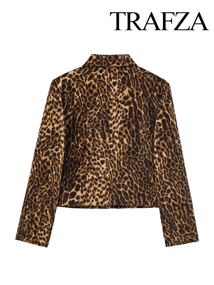 TRAFZA Women New Fashion Leopard Print Blazer Female Lapel Pocket Decorate Casual Slim Short Coat Street Style Jacket Top Mujer